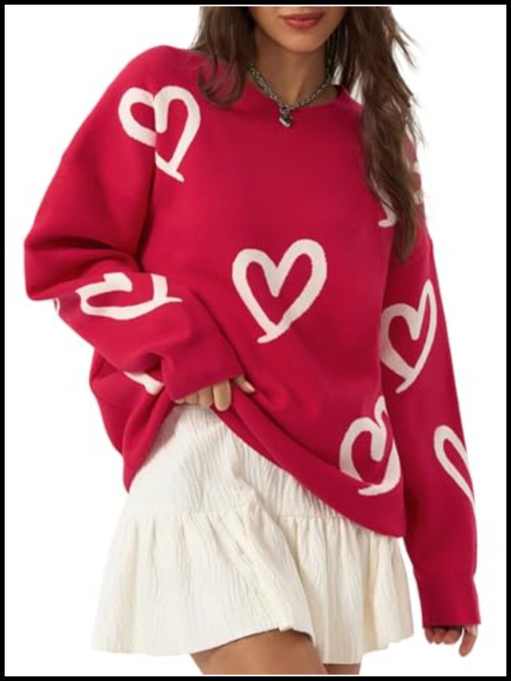 Oversized Heart Sweater Crew Neck Long Sleeve Knit Pullover Womens Cute